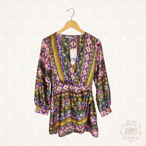 NWT Zara Patterned Silky Faux Wrap Long Sleeve Blouse New Size Medium - Picture 5 of 16